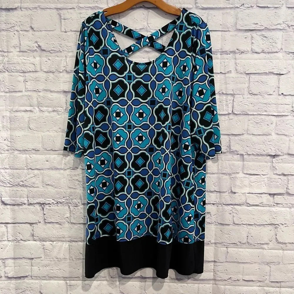 NY Collection Plus Size 1X Blue Green Shift Dress 3/4‎ Sleeves Stretchy Casual